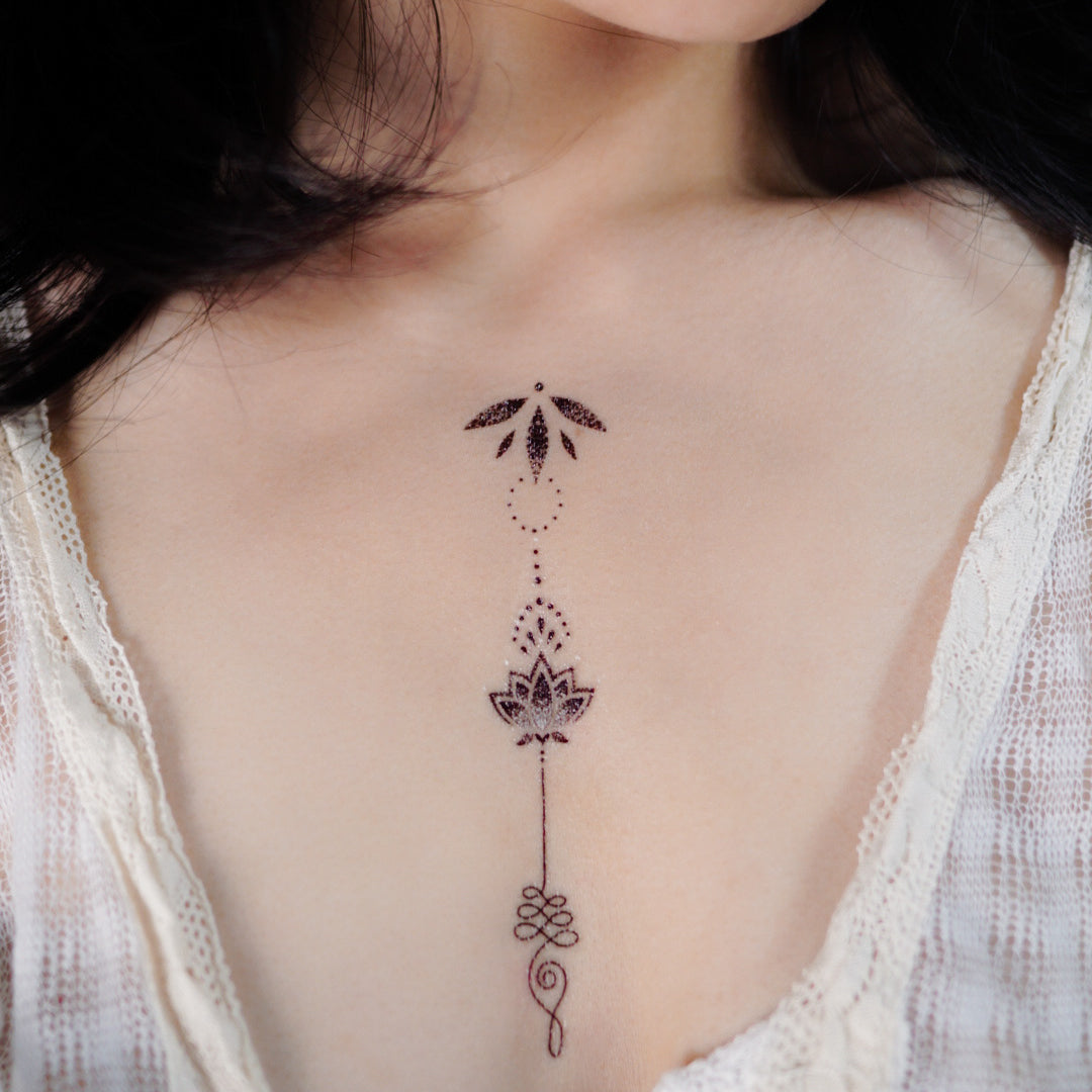 Lotus flower Temporary Tattoo Sticker, Sternum ornament tattoo, bohemian style, peace and grace, namaste, calming, spiritual Tattoo Design – LAZY DUO TATTOO